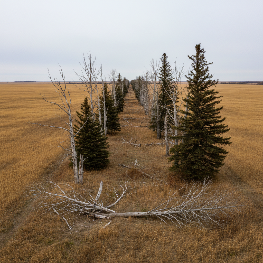 Aging shelterbelt row on Saskatchewan farmland showing dead and leaning trees interspersed with healthier spruce