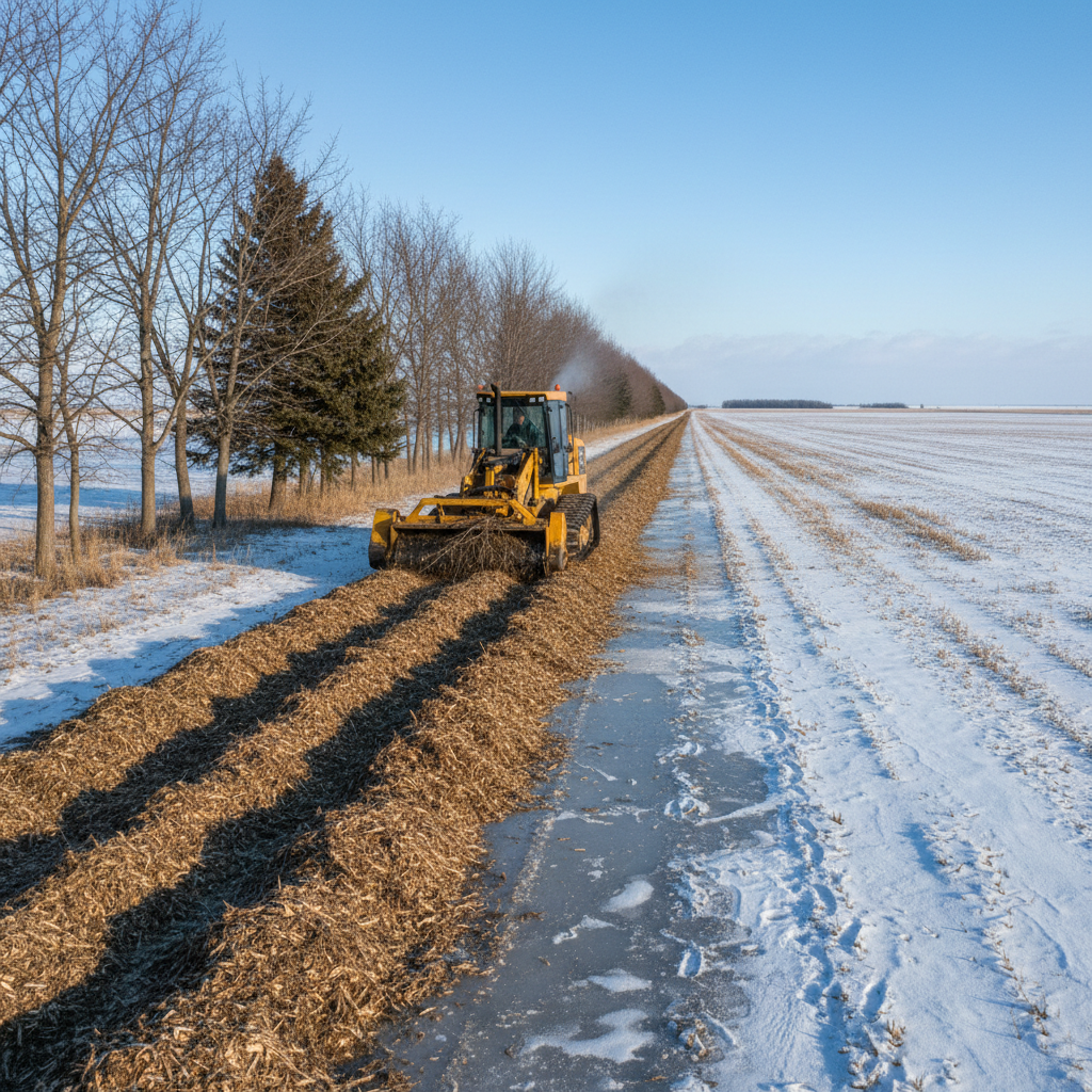 Tracked mulcher clearing a shelterbelt row on frozen Saskatchewan farmland in winter, chip mat visible on the ground