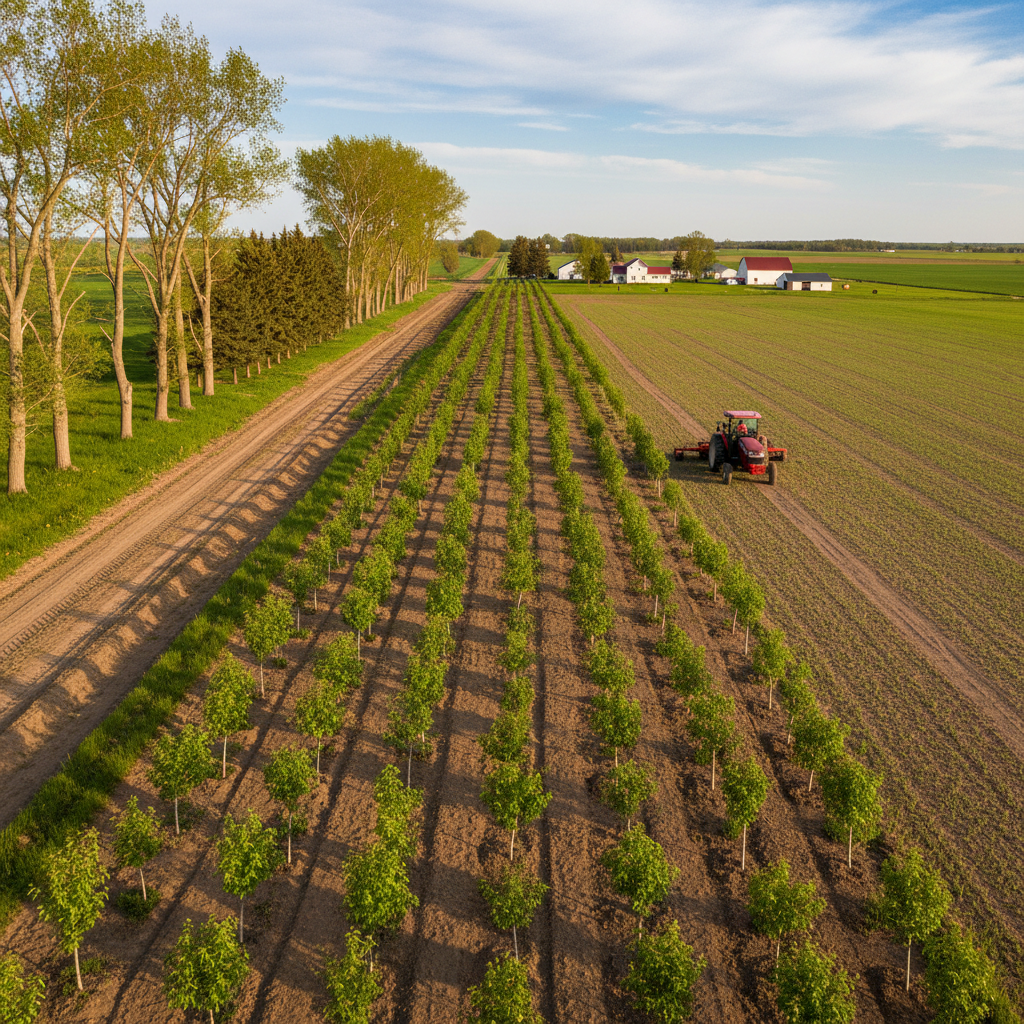 Rows of young shelterbelt seedlings planted beside an established tree row on a Saskatchewan farm