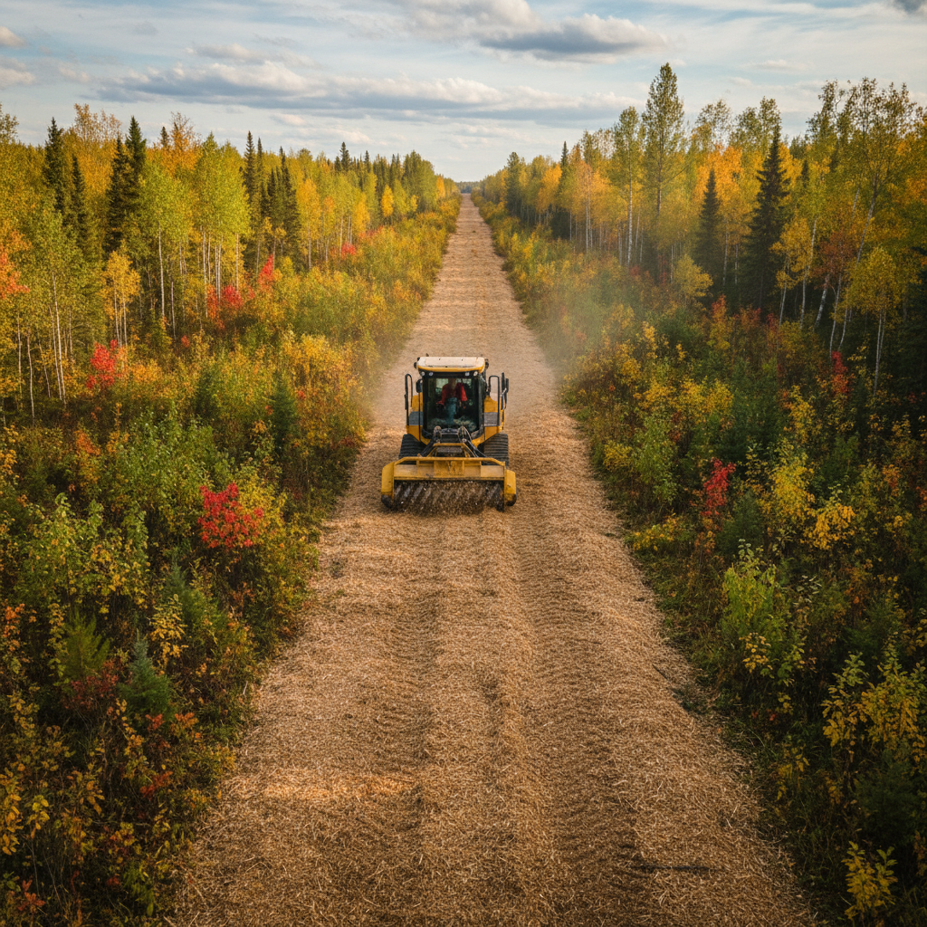 High-horsepower tracked mulcher clearing brush along a pipeline right-of-way corridor in the Alberta boreal forest