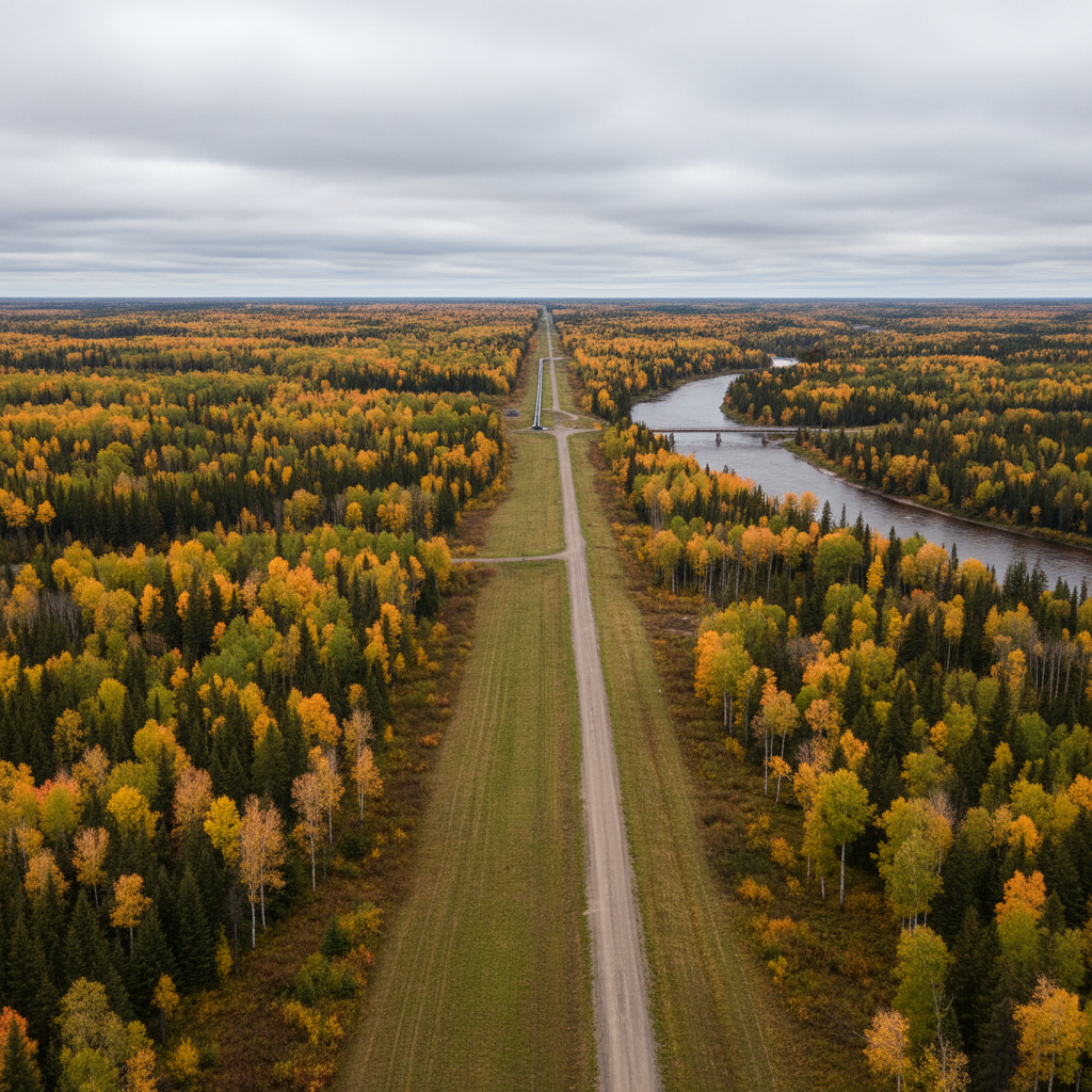 Aerial view of a maintained pipeline right-of-way corridor running through northeastern Alberta bushland near a river