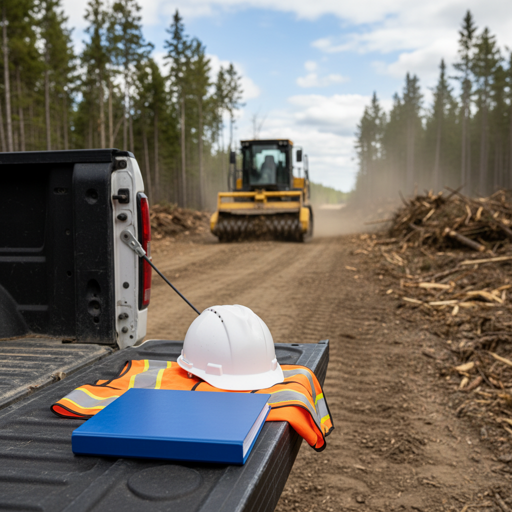 Safety binder and hard hat with hi-vis vest resting on a truck tailgate at an industrial land clearing job site in Alberta