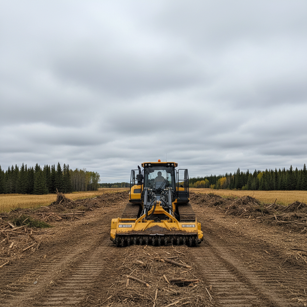 Tracked mulching equipment parked on a cleared industrial pipeline corridor site in Alberta