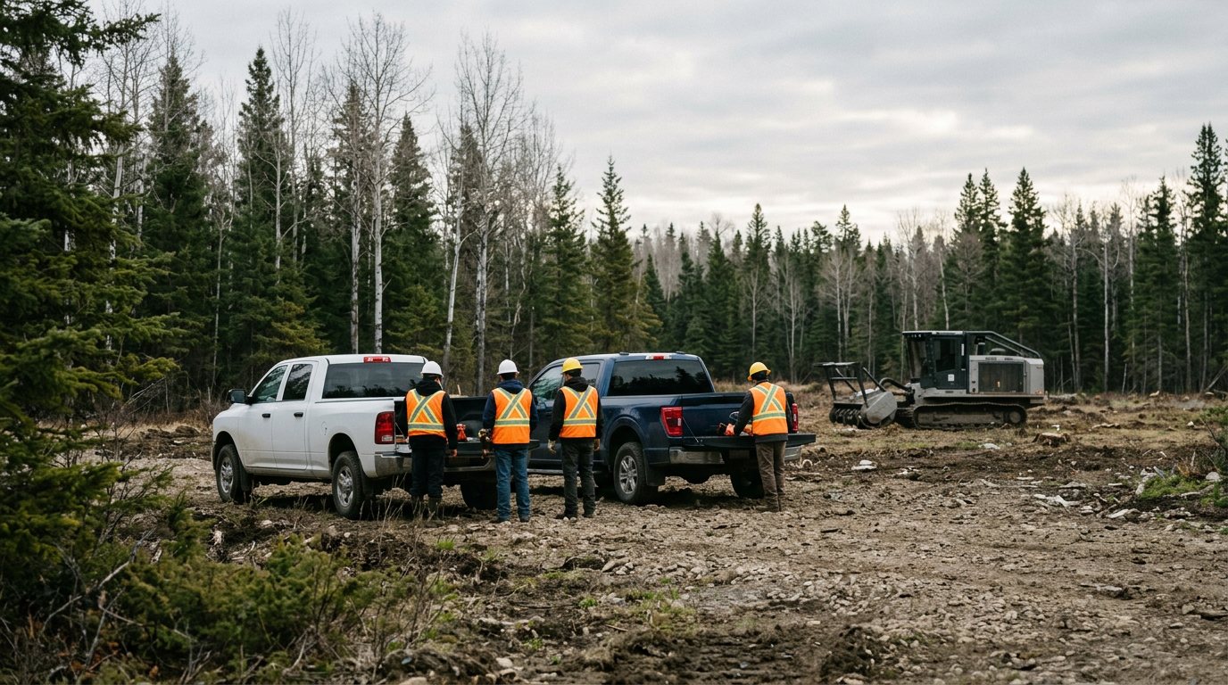 A COR certified land clearing contractor crew in hi-vis and hard hats holding an early morning safety meeting at their pickups, with a parked mulcher in the background