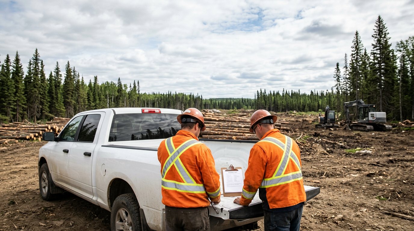 Two land clearing workers in hi-vis reviewing a printed job safety plan at a pickup tailgate on a cleared Alberta worksite