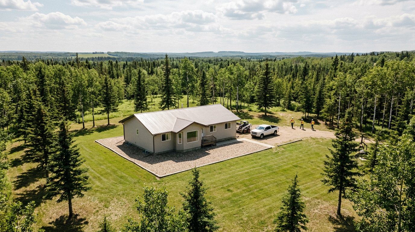 A rural acreage home with short mowed grass, a gravel border and thinned, well-spaced spruce trees with lower branches pruned up