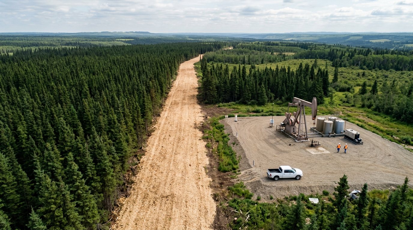 Fuel breaks and FireSmart mulching at work: an aerial view of a wide mulched fuel break separating dense spruce forest from an oil well pad in northeastern Alberta