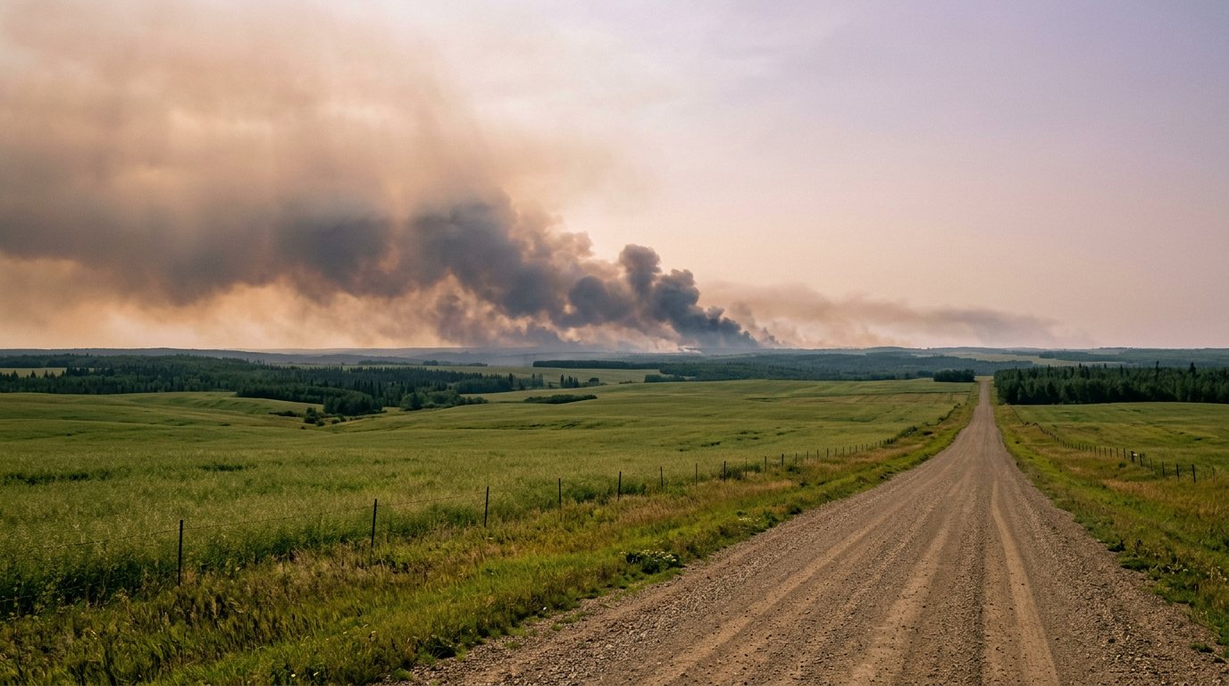 A distant wildfire smoke plume rising over the boreal forest on the horizon, seen from a gravel road in northeastern Alberta
