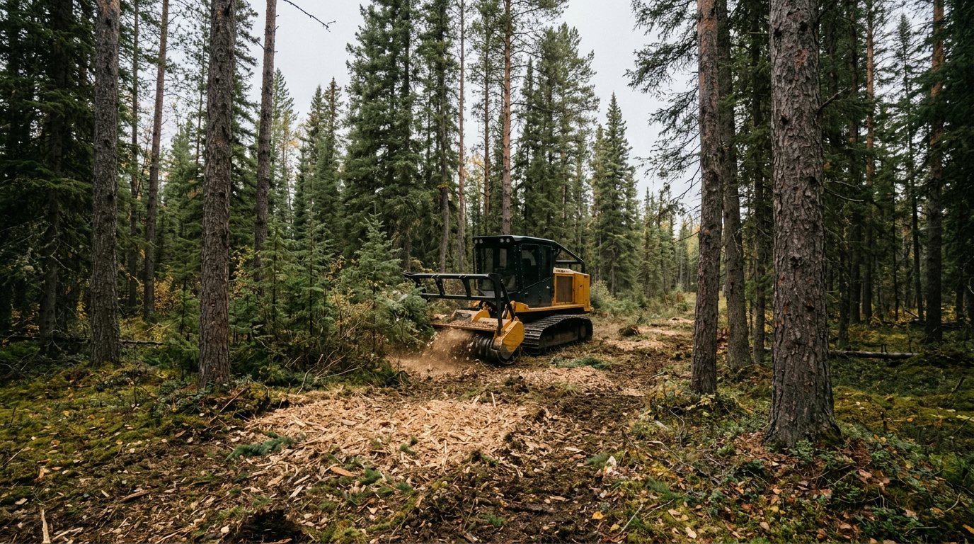 A tracked mulcher thinning underbrush and small spruce between larger mature spruce trees, leaving space between the big trees