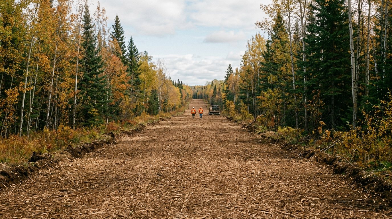 Ground-level view down a freshly mulched pipeline right-of-way with an even layer of wood chips and clean forest edges on both sides