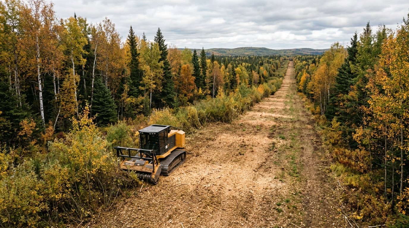 Pipeline right-of-way vegetation management in action: a tracked mulcher clearing willow and aspen regrowth in the northeastern Alberta boreal forest in autumn