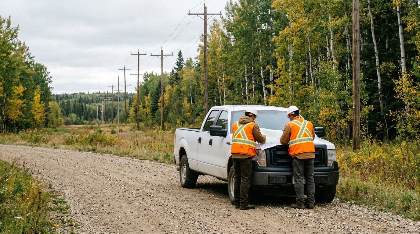 Two vegetation workers in hi-vis and hard hats looking over a map on a pickup hood beside a rural power line