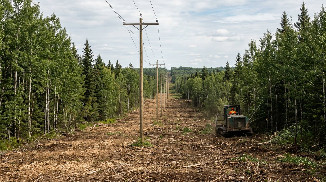 Power line vegetation management Alberta style: a rural wooden-pole line running through a freshly mulched corridor in mixed aspen and spruce forest