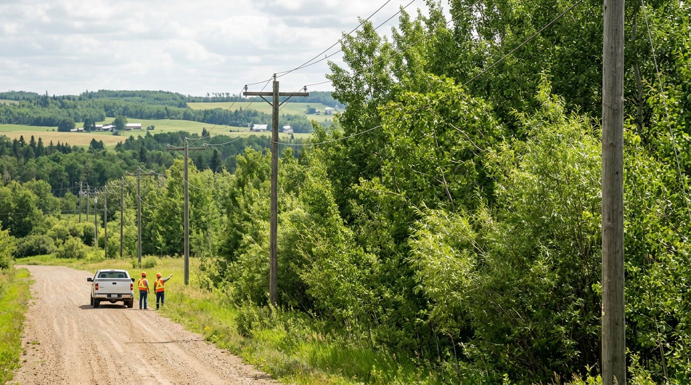 Willow and young aspen growing up close to the wires of a wooden-pole rural power line along a gravel road in the Alberta parkland
