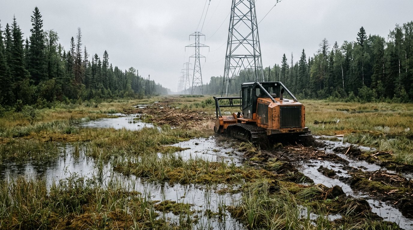 A tracked low-ground-pressure mulcher working on soft wet muskeg along a high-voltage transmission corridor in the northern Alberta boreal forest