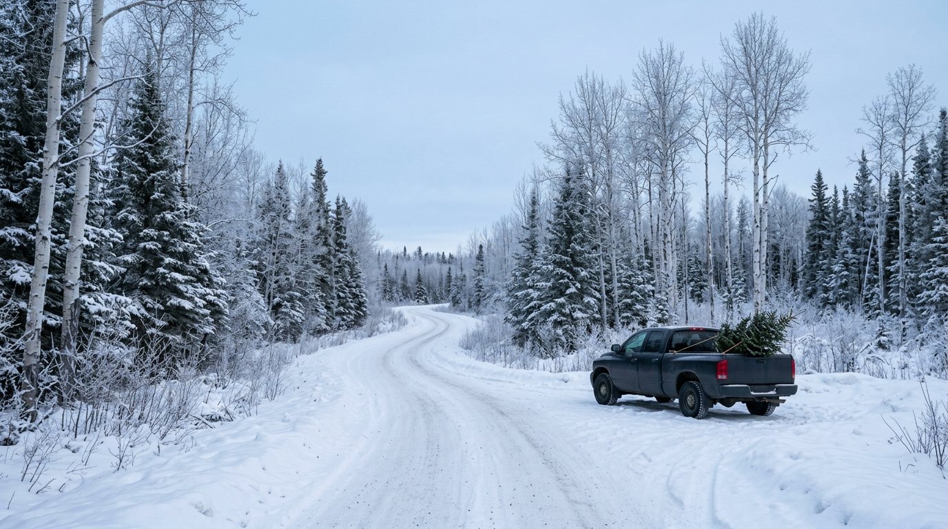 A dark pickup truck parked on a snowy forest road in northeastern Alberta with a small spruce Christmas tree tied in the box