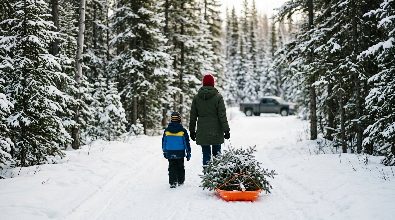 Using a Christmas tree cutting permit Alberta issues for free: a parent and child pulling a freshly cut spruce tree on a sled along a snowy forest trail