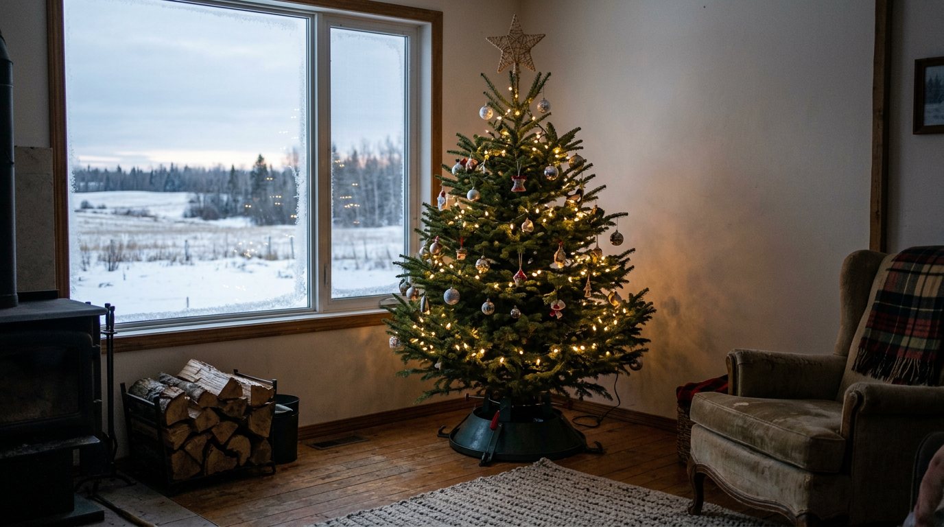 A real spruce Christmas tree with warm white lights in a water-filled stand inside a rural Alberta farmhouse, with snowy fields outside the window