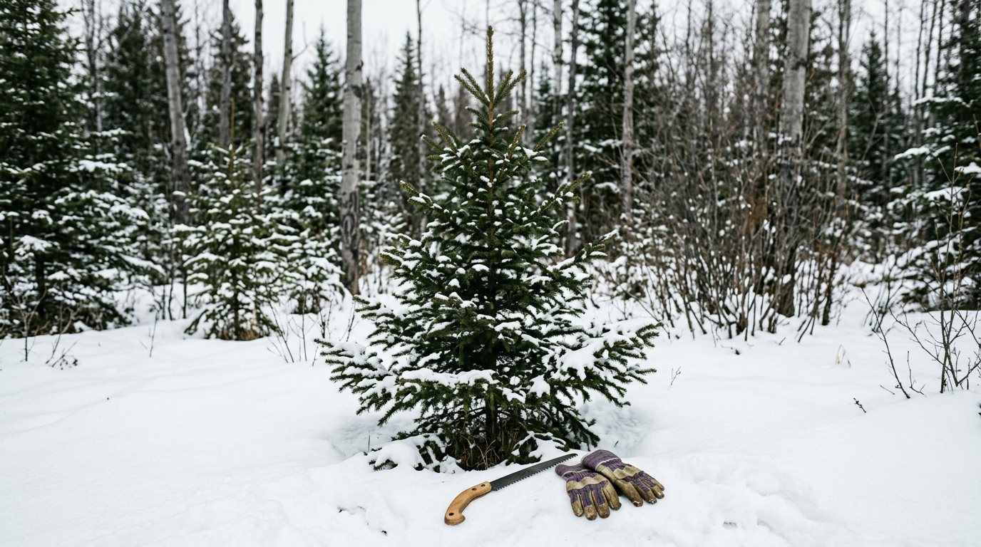 A young bushy white spruce standing in fresh snow with a folding hand saw and work gloves beside it