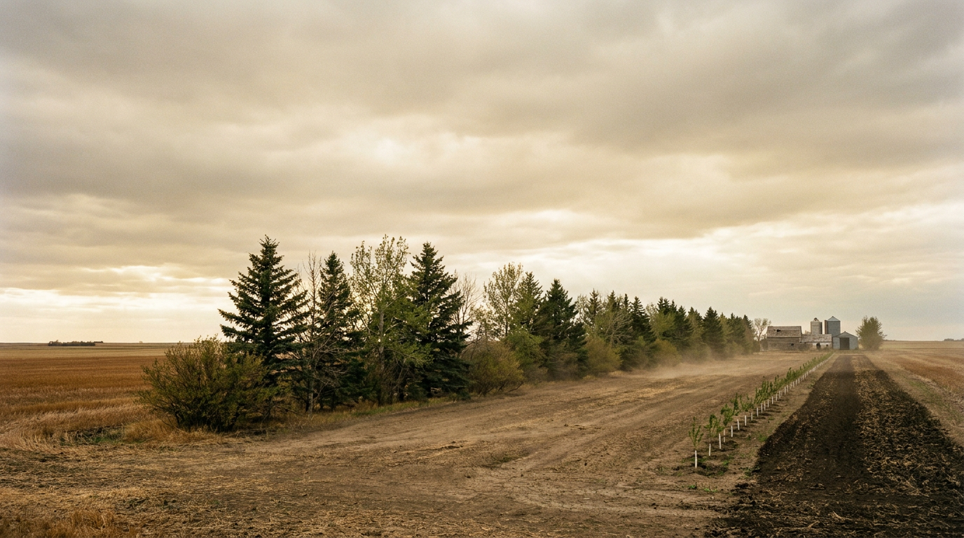 Shelterbelt removal Saskatchewan farmers plan for: a mature spruce and poplar windbreak row on prairie farmland protecting the farmstead from wind